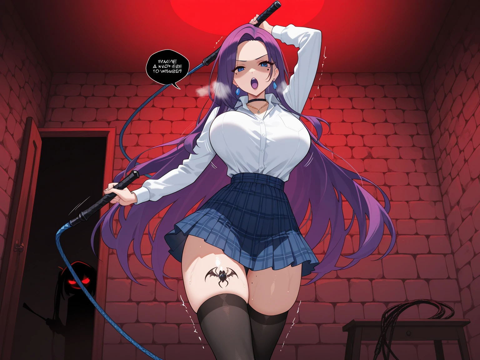 1 woman, vaginal Tentacle sex, young woman, small breasts, purple hair, long hair, messy hair, she is on her hands and knees, eyes closed, tentacle up dress, glasses, white knee socks, open white shirt, red tie, blue pleated skirt, open mouth, smile, no bra, no panties, hard nipples, facing the viewer
