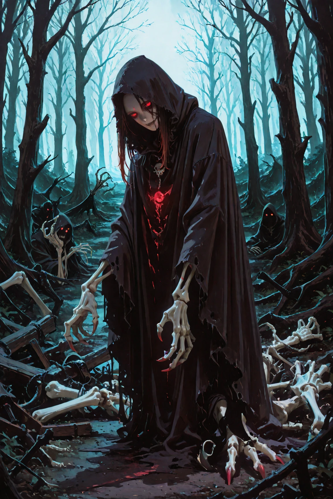 ((best quality)), ((masterpiece)), (detailed), one brunete girl hanging on rope, roped, in center of black room, amputated legs, dead pose, face covered with hair, blood on floor, horror atmosphere, scary