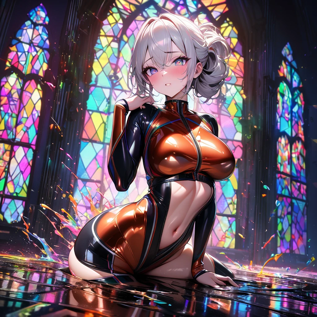 (woman),(From below),(((intense orgasm:1.4))),(tears:1.2),(Sweat:1.3),((at the church:1.1)),(((No sleeve, Shorts))),(button-down,wearing lace shirt),(clothing),((Squint eyes:1.3)),(embarrassing,blush:1.3),panty,white haired woman,(maid),red eyes, (1 woman,one boy),((maid:1.2)),((A boy grabs a woman's breasts:1.0)),{open leg:1.2},((panty shot:1.0)),(gray hair,red eyes) ,Gold Shirt:1.1, (Latex clothing:0.8),(at church),(((mature woman:1.1))),(embarrassing,blush:1.3),(orgasm:1.3),(ecstasy:1.3) ,(huge breasts:1.0),(Breasts spilling out of a white bra:1.1),((vapor:1.2)),masterpiece, highest quality, very detailed, dynamic angle, ((perfect hands)), detailed shiny skin, thin hair, fine eyes), amazing background, meaningful background, absurd background, artistic overlay, and colorful hair. The style is surrealism, cinematic lighting, ray tracing,sacred light,(((squat:0.8))),