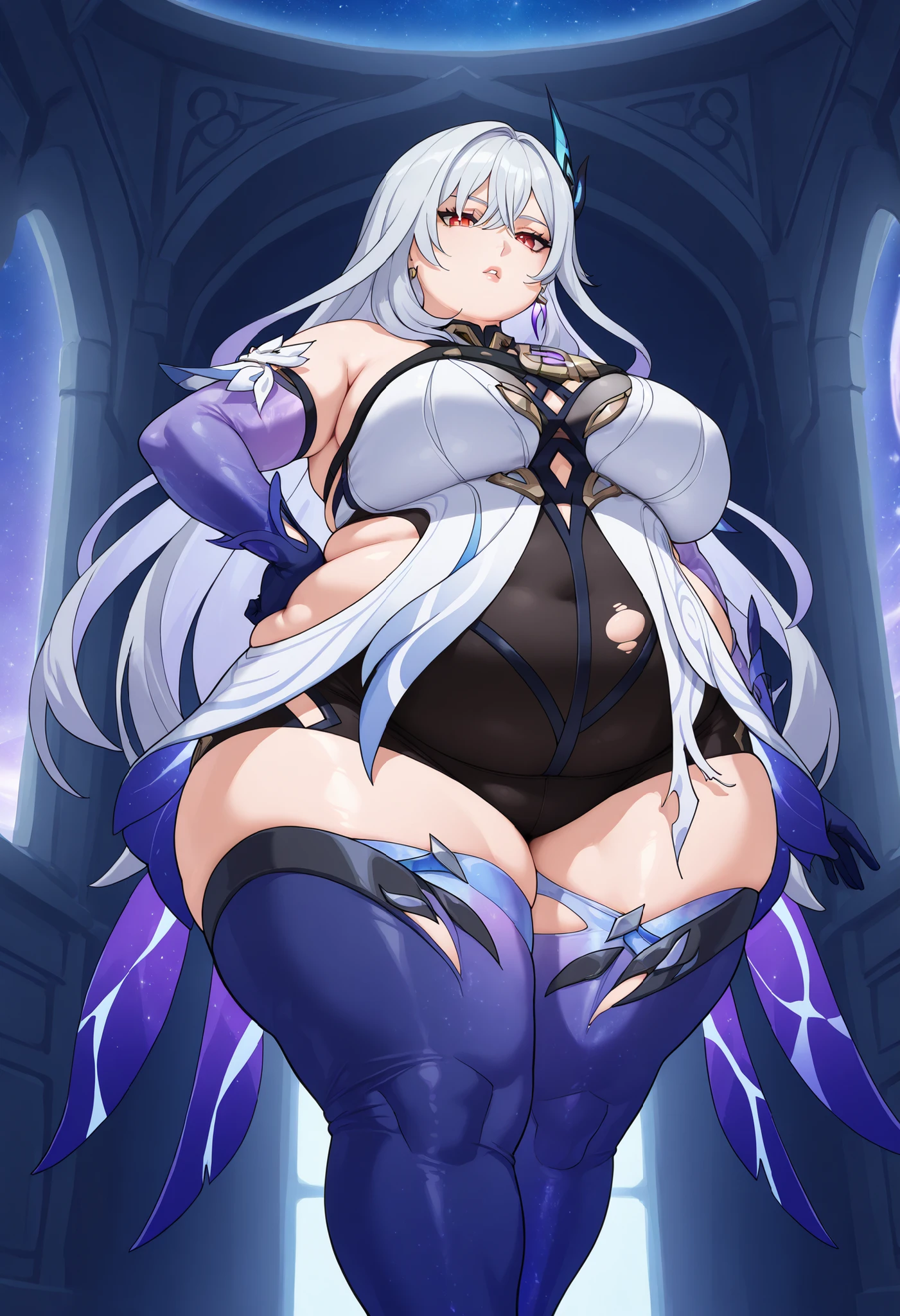 Masterpiece, very detailed, ultra detailed, one, (1 woman), she is completely naked, naked and in a sexy position, super mature, tall, milf style, mature mother, super long hair, bright white hair, thin demonic horns, beautiful, charming, bright dragon purple eyes, elegant, big breasts (huge, torn), bare breasts, cheerful breasts, friendly smile, charming, six pack abs, dark background, futuristic setting on huge purple fog background.