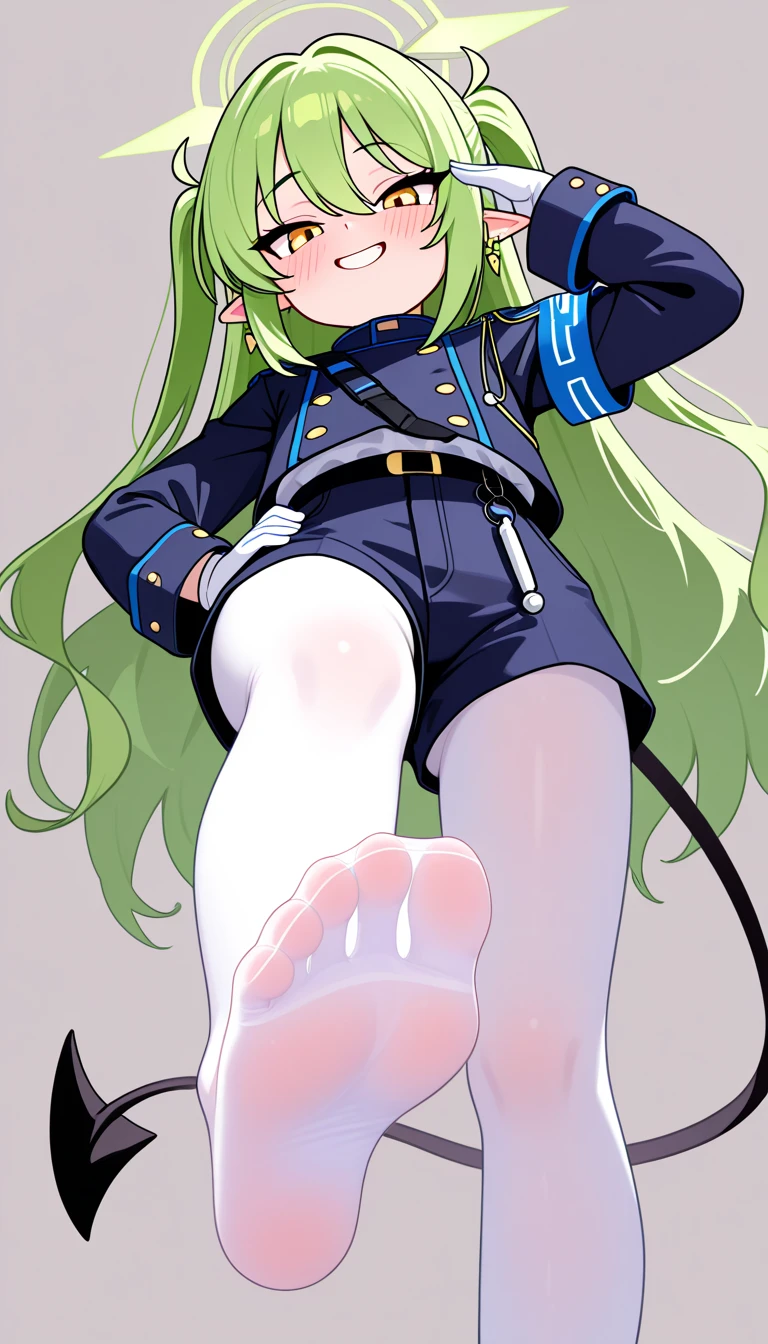 (best quality, masterpiece, RAW photo,ultra-detailed:1.2), 1girl,solo,looking at viewer,smile burnin,((domino mask, eye mask, black mask)), cameltoe, large breasts, thighhighs, fiery green hair, white clothes, from below, on back, spread legs, feet
