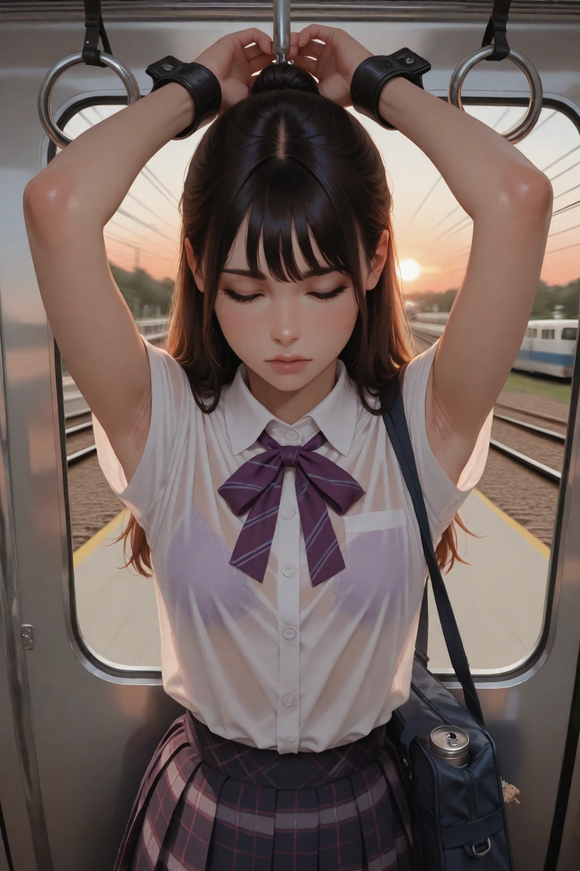 Maximum number of pixels、Very clear and detailed, high resolution、Top view、Shoot close、Inside the train、Back view、White shirt、Gaps in bras、Breast flash、Perfect Style, Cute face, Accurate, Anatomically correct, Shiny skin, Fair skin, Shiny skin、Glossy lips、 (Embarrassed look: 1.2),Female 32 years old, Retrospective photos of the rear roam、Angle from above、Looking down from above、From behind, Beautiful Face, (Dark blue skirt)、blush、humiliation、impatience、tears、Embarrassing、Surprised expression、Expressions of anger、Sweaty、Black Hair、Shortcuts、Girl pressed against train door、Sexy、Green Ash Eye、Turn your back、Crushed、crowded train、Soaking wet、Flowing sperm、Sperm in the ass、Sperm on thighs、Flowing sperm(Attractive ass:1.2),、Exposed panties、Disheveled clothes、Exposed breasts、