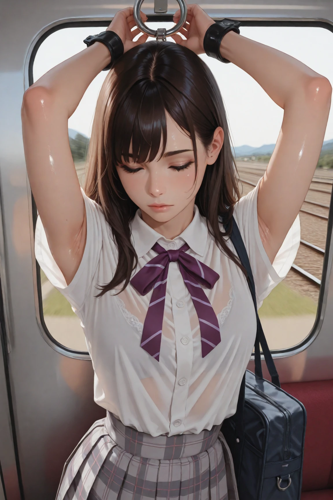 "(masterpiece, High resolution, Ultra High resolution, 4K) Black Hair, 14 year old Japanese girl, Uniform skirt, Accentuate your thighs, White thighs, Soft thighs, Gorgeous thighs, Sitting on a train, Alignment angle, (Angle from below),sitting in a train seat,Sit in front,Crotch Zoom Camera,Put your feet on the train floor,whole body,Looking down and sleepy,Only looking at the audience", Highest quality, 超High resolution, (Realistic:1.4),, High resolution, Familiar, RAW Photos, Shapuri, Nikon D850 film stock photo by Lee Jefferies 4 Kodak Portra 400 camera F1.6 lens rich colors hyper Realistic lively textures dramatic lighting unreal engine artstation trends cinestir 800,only、Footjob、Nipples are visible、I can see your chest、only、Open chest、only、Portraiture、(Have sex,Vagina Penis),On the bed,Cowgirl,Hotel,(Blushing and grinning),pubic hair,(Wet cat:1.3),(Sweaty),(Creampie,Cum in pussy:1.2),(I can see your chest)、((Nipples are visible))、