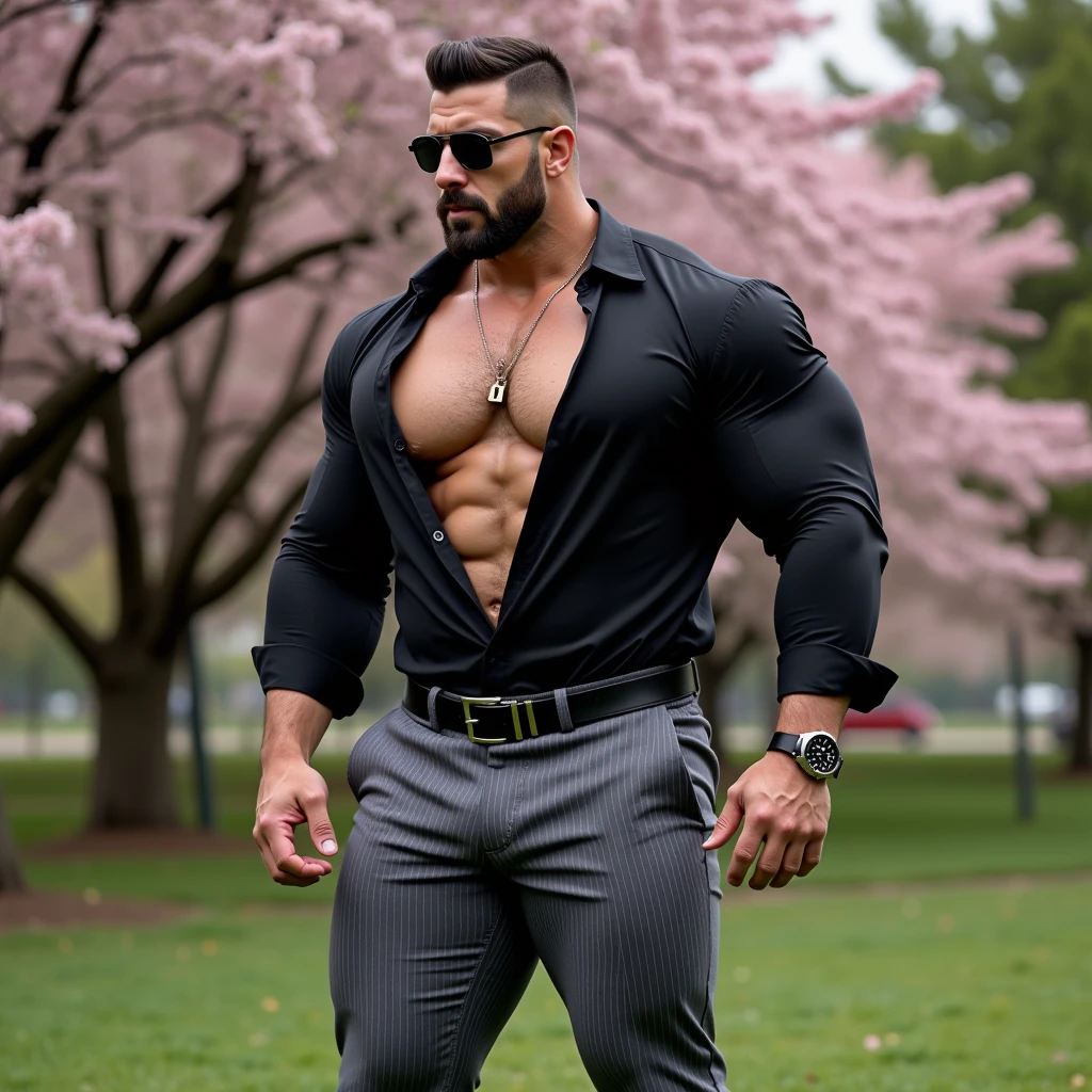 hyper growth, hyper muscles, a very handsome man, sunglasses, wearing a white shirt, sitting on a bench in a park at dusk