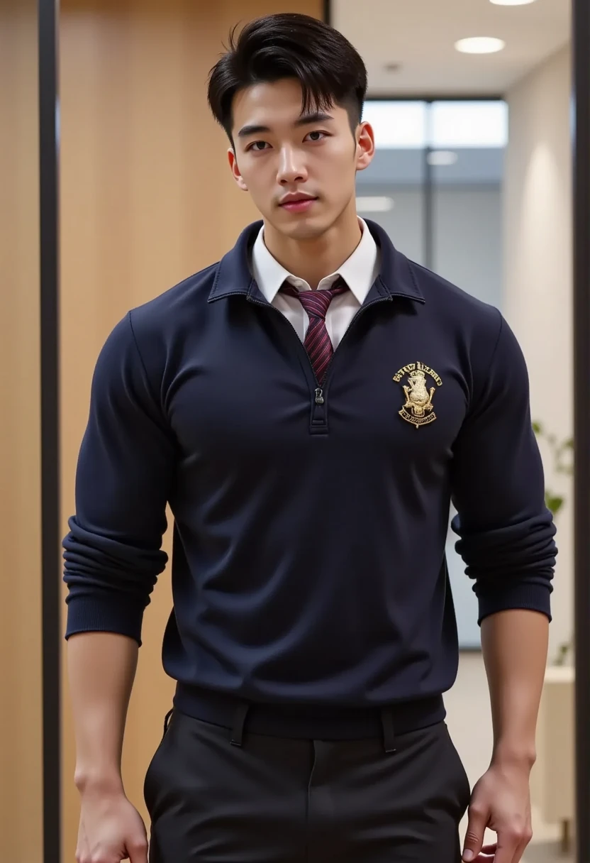 1boys, (confident smile),High school athlete, Tuck into a vest, sweat shorts, gymnasium, Front side view, Close-up Shot Shot, view the viewer, Very detailed handsome face, Heroic, detailed realistic open eyes, Large muscles（（The crotch is raised））