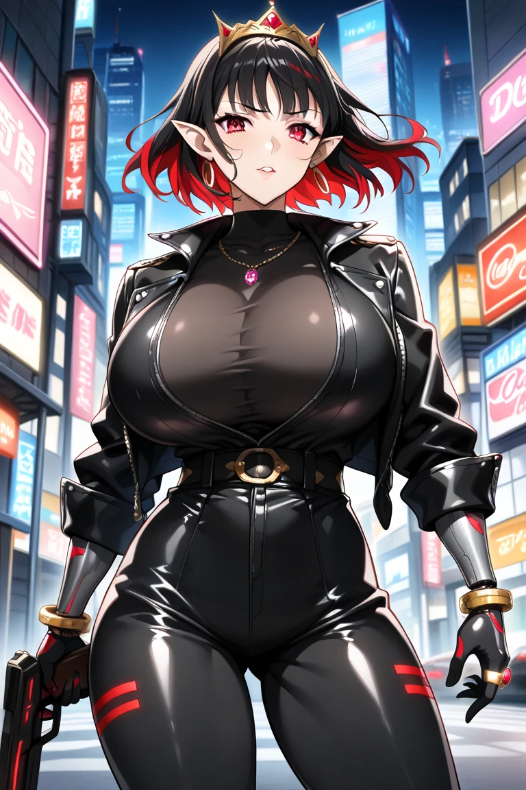 masterpiece, best quality,   pkmnmars, black and white dress, long sleeves, upper body, looking at viewer, large breasts, furrowed brow, night sky, city skyline