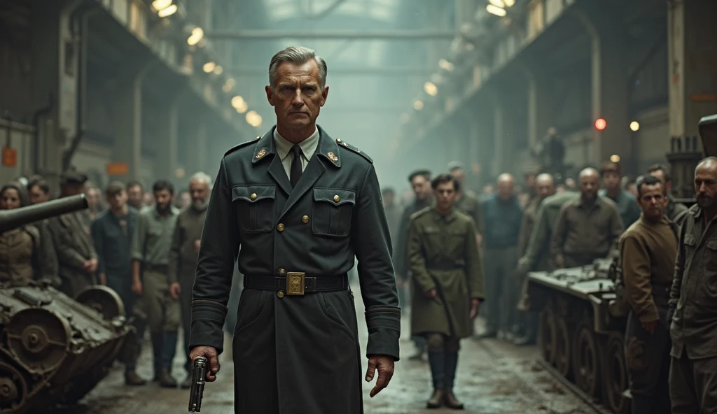 Create a Nazi scientist villain with cruel expressions alongside soldiers in the laboratory
