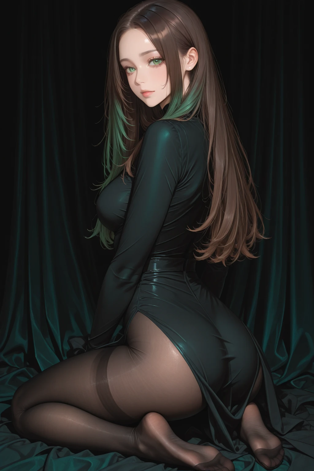 (Crimped, arms behind back: 1.4), yawning with mouth wide open (with hands on back), kneeling (hands on back), (best image quality, impressive detail, ultra high resolution, (realism: 1.4), (masterpiece, highest quality)), (masterpiece, highest quality) 1.5, 1 girl, solo, (sexy, beautiful woman, perfect face, perfect eyes), Tifa Lockheart, black leather dress, high heels, (green eyesAmber hair, long hair), (arms, back back: 1.4), (hands on back)
