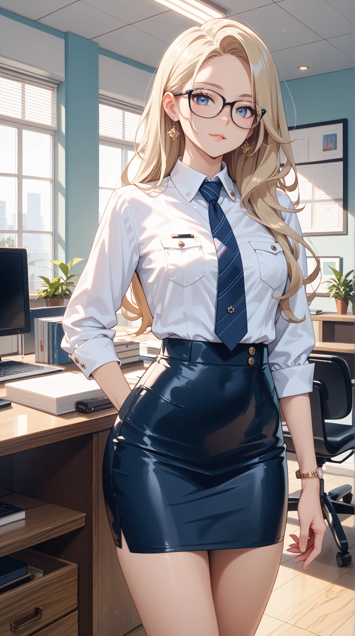 Create an anime girl with a black miniskirt, white underwear black stockings with a white blouse with suspenders, blonde with green eyes, wide hips and big breasts in a luxurious office setting