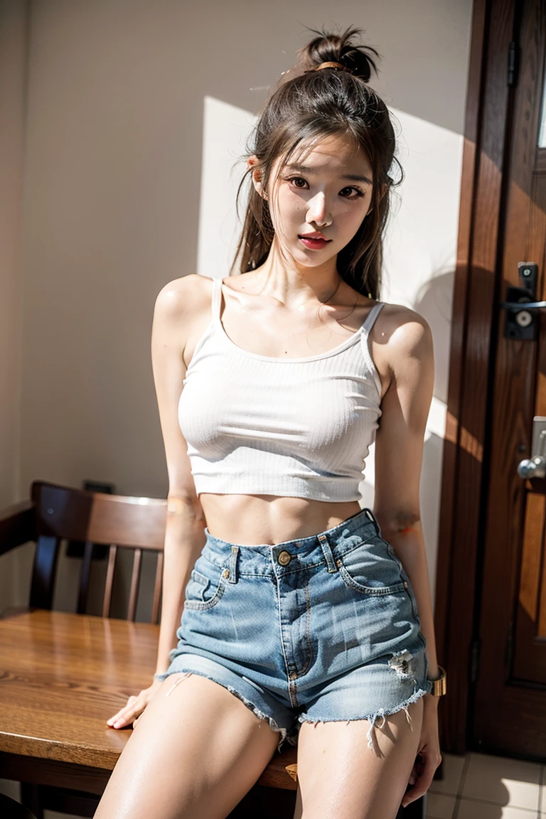 Girl posing for photo in white bra and tight denim skirt,full bodyesbian,legs are open,not wearing tops,Slim body,Smaller bust,Slim girl model,24 years old female model,Lying on the construction site,A group of black men watched