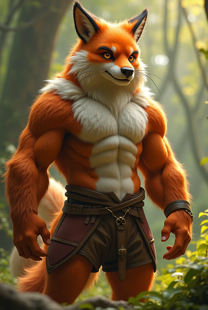 score_9, score_8_up, score_7_up, rating_safe,source_furry,anthro,source_3D, A cinematic and ultra realistic illustration of a fox character Adult muscular male Alone in the forest looking at the viewer A handsome Indian in tribal clothes and tribal tattoos And a village in the background too green Eyes And a gesture of peace and love (nude)