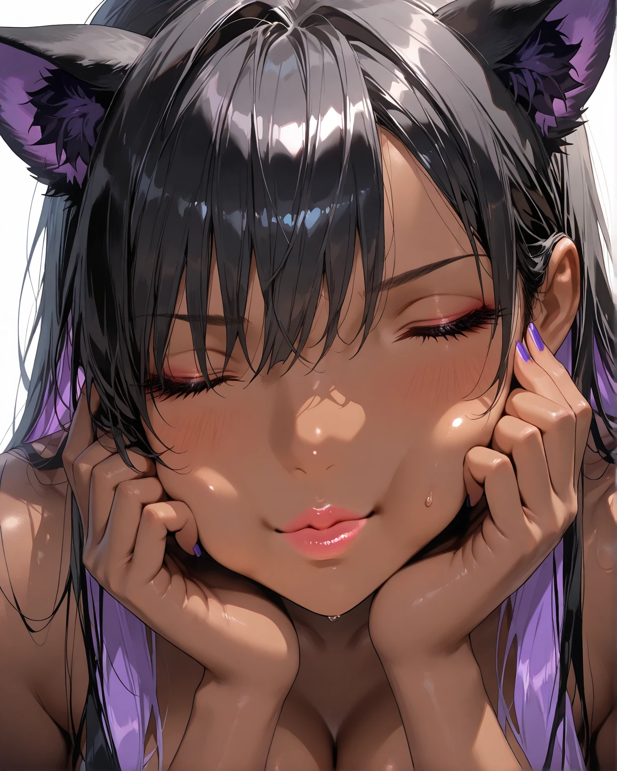1_woman(naked, dark_skin, wolf_girl, huge_breasts, full_body), cum_inside, cum_over_the_body, excessive_cum, lactating, pleasured_eyes( heart_pupils), fellatio( dick_on_breasts).