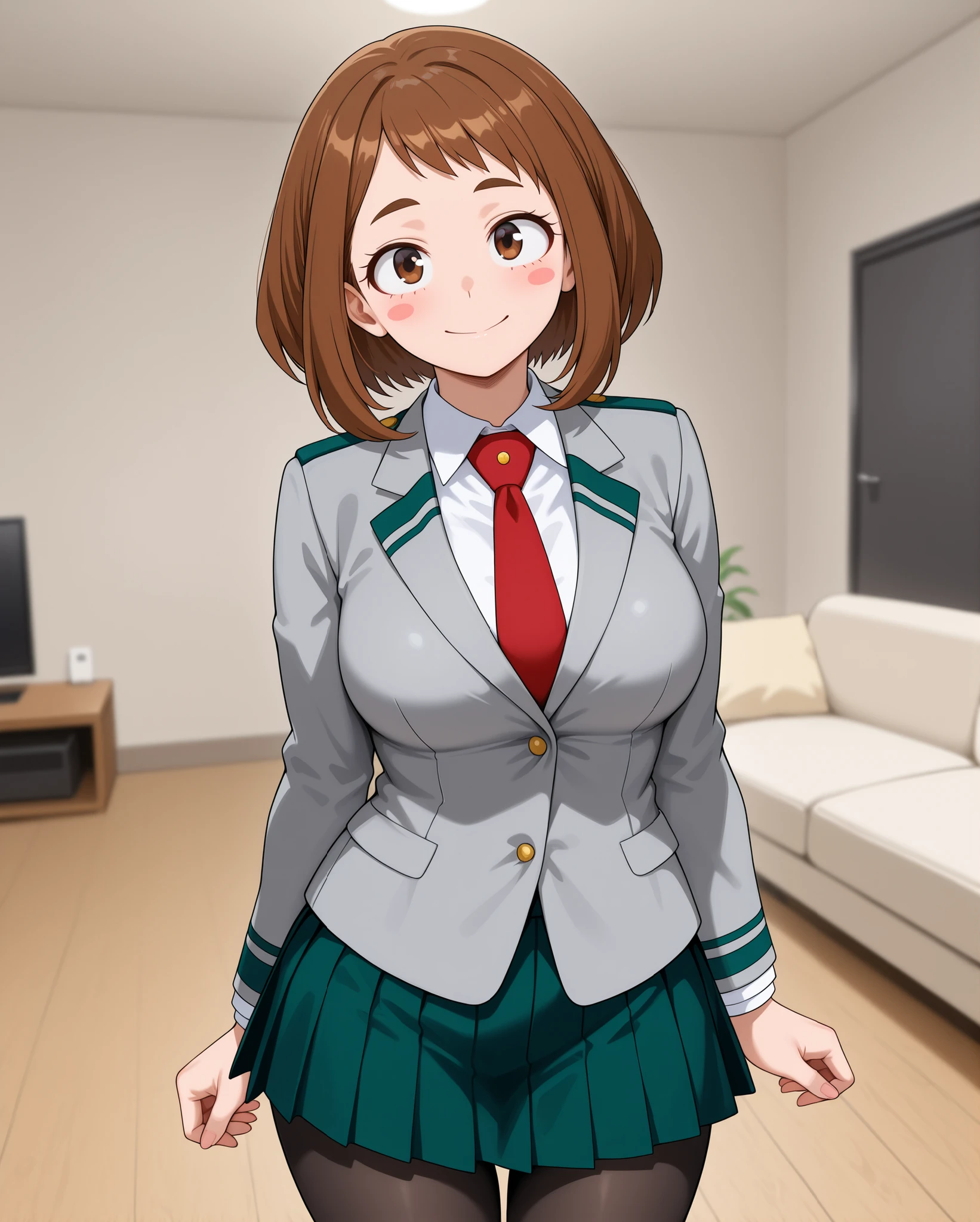 Ochako Uraraka\my hero academia\,
brown hair, brown eyes, short hair, blush stickers,
Ochako Uraraka\my hero academia\ outfit,
u.a. school uniform,
grey blazer, long sleeves, blazer,
white collared shirt, white shirt, collared shirt, red necktie,
green pleated skirt, skirt,
pantyhose, black pantyhose,
living room, sofa, blurry background,
1 girl, solo, wide shot,
happy, looking at viewer,
standing,
front view, from front,
eye-level shot, cowboy shot,
highres, detailxl, opaque clothes, IllusP0s, masterpiece, best quality, newest, source_anime, wide eyes, seductive female, realistic proportions, (mature female,) adult, aged up, slim,