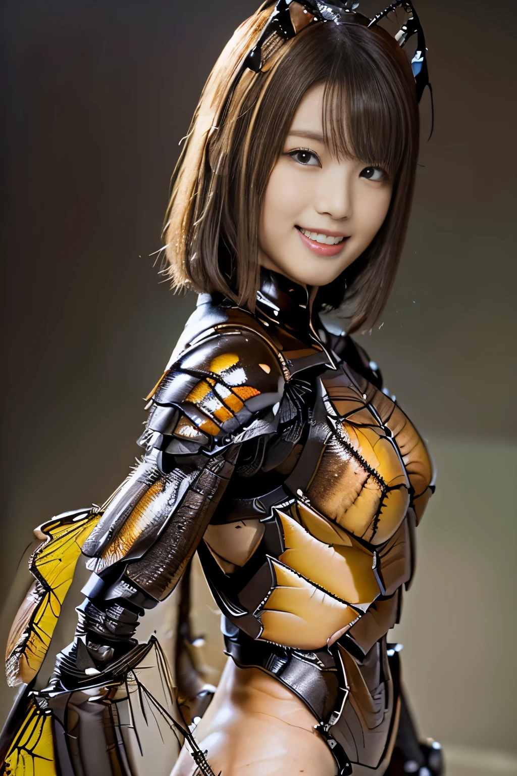 (high resolution,masterpiece,best quality,extremely detailed CG, anime, official art:1.4), realistic, photo, amazing fine details, all intricate, gloss and shiny,awesome many layers, 8k wall paper, 3d, sketch, kawaii, illustration,( solo:1.4), perfect female proportion,villainess, (fusion of dark brown cockroach and lady:1.4), (brown cockroach form lady:1.2), (brown cockroach lady:1.2), (fusion:1.2), (solo:1.4), (evil smile:1.2), muscular, abs, (cockroach brown exoskeleton bio insect suit:1.4), (cockroach brown exoskeleton bio insect armor:1.2), (brown transparency cockroach wing:1.4), (brown cockroach antennae:1.3),