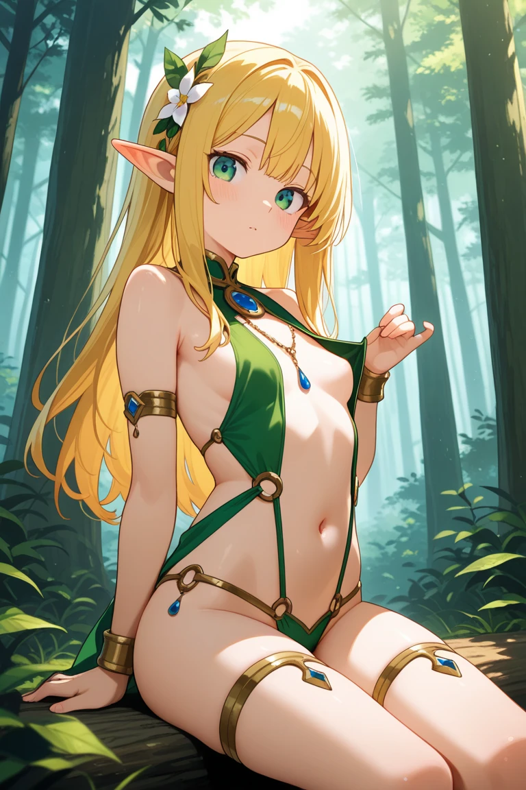 ((highest quality)),(ultra high resolution),(Super detailed),(detailed description),((best CG)),(best work of art),super precision art, great drawing art,(Art with precise details:1.5), (ung girl:1.5), beautiful and well-shaped face:1.5,(Beautiful skin with precise and detailed depiction:1.6),(skillfully weaved bikini made out of leaves and plants ),gorgeous, masterpiece, best quality, high-resolution, finely detailed, extremely detailed and beautiful, distinct-image, 1 girl, 16 year old teen, solo, soft and cute facial features, big round light green eyes, symmetrical face, plump thick lip, alabaster white skin, short height, slim beautiful body, slim waist, long golden blonde hair, leaf clothing adorns her body, elvish ears