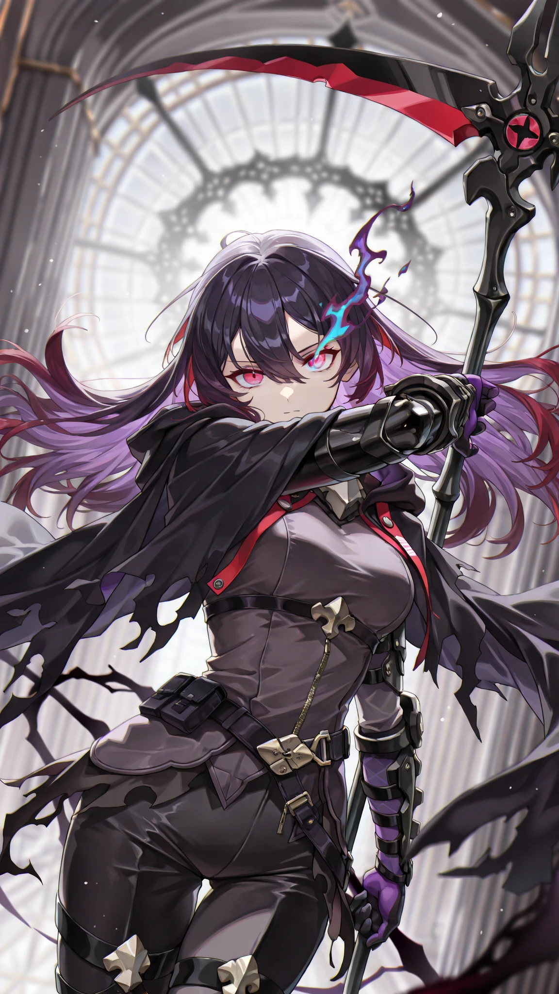 style of [arknights|(748cmstyle:0.5)], god rays, vivid colours, light stream, colour splotches, cinematic shot, mature, young adult, masterpiece, best quality, amazing quality, very aesthetic, high resolution, ultra-detailed, absurdres,
1girl, woman, solo, alone,(dynamic pose, side eye, looking at viewer, upper body focus, action shot, dutch angle, three quarter view, close up, cowboy shot:1.2), (wraith:1.44), purple accents, purple flames, SeeleVelionaNyx, red eyes, black and red hair, gradient hair, purple hair, glowing hair, veiled smirl, hair covering one eye, glowing purple hair, burning eye, abyss eyes, black flame cloak, half body, multicolored hair, colored inner hair, long hair, purple flame scythe, dark purple, dark scythe, demonic arsenal, hair between eyes, darkness, abyssal, arm made of purple flame, ghostly arm, ghostly body, novuschroma79 style, glitch art photo
BREAK, depth of field, volumetric lighting
 