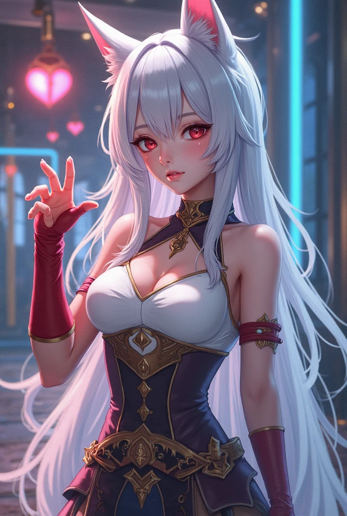 Beautiful big breastokeh),red background, Beautiful, gentle and charming goddess., Korea(kpop-idol), alone, necKlace, oval face, Double eyelids, Clever, good hand, Good feet, natural, (from below angle), (glossy skin:1.05), ((low angle)), perfect shape, (K, UHD, raw photos, best quality, Masterpiece:1.4), (realistic, photo-realistic:1.37), high resolutionพิเศษ, Photon mapping, ray, Physical rendering, Professional soft light, blue eyes, Black and white hair, Solo, high resolution, Animal horns, best quality, Masterpiece, หูยาวแหลม, สไตล์อนิเมะ,