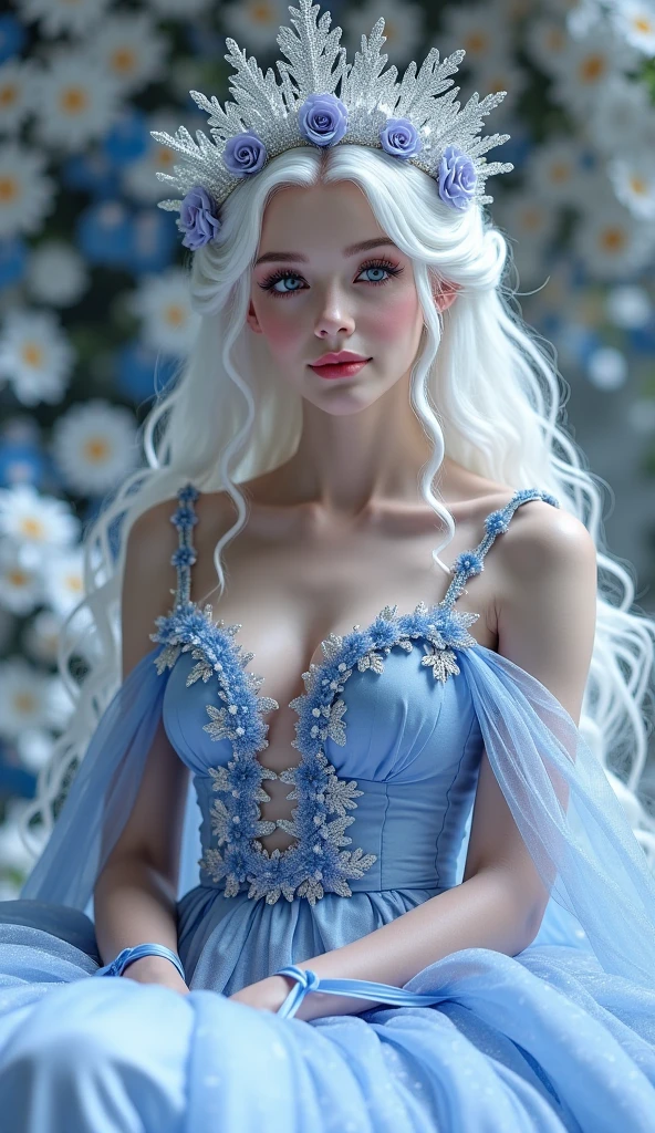 (masterpiece, best quality, beautiful and aesthetic:1.3), side view, look back, 1 girl, Happy,  smirk,  (sliver hair Gradient light blue hair:1.6), Absurdly long hair, half updo half up half down, wavy end, shiny hair, Flowing hair, (glowing blue eyes), Exquisite eyes, Aqua eyes, Super high detail eyes, long upper eyelashes, cosmetic, focus on face, Very rich facial details, Pretty Face, Perfect breasts, Hot body, (The skin texture is delicate:1.2), white Wedding dress, Lace-trimmed dress, transparent, Wedding dress, outdoor, White Rose, garden, morning, Everlasting, Very detailed, detailed background, Octane Render, shallow depth of field