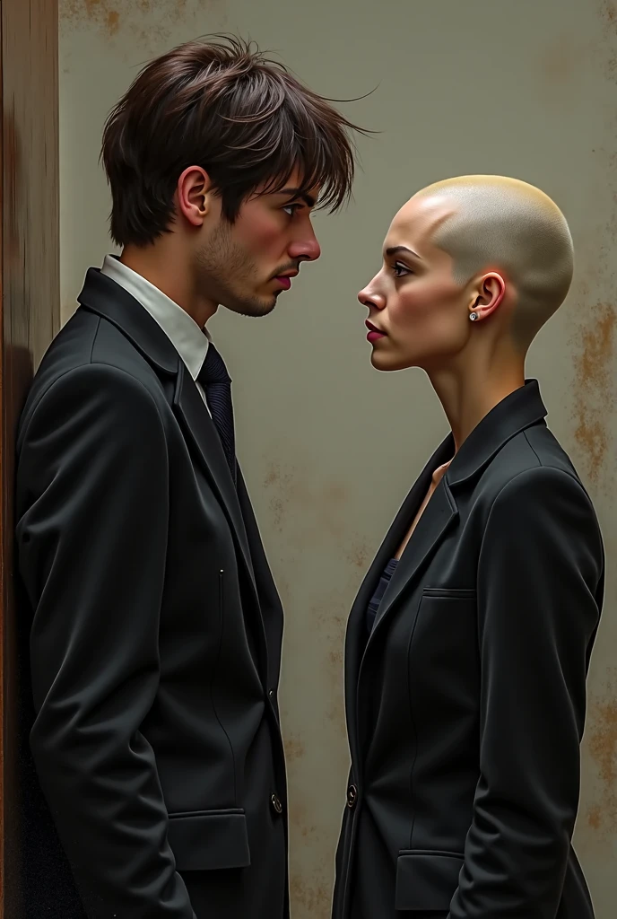 Couple in love kissing on the mouth inside the elevator of a building, um homem ((30 anos,pele caramelo, com cavanhaque, buzz cut)) E mulher ((americana, 25 anos, pale skin and freckles, olhos cinzas, nariz delicado, soft and delicate lips, cabelo blondie cinza longo e ondulado)), dinamic poses, ultrarrealista HD altamente renderizado fotorrealista, luz natural do dia, Fuji Camera