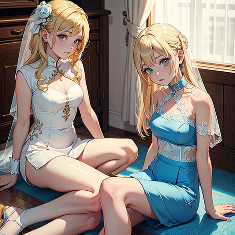 blond hair,blue eyes,she  anime little sister,she have small  body,she dressed in  dress,she stay on knees,she suck 