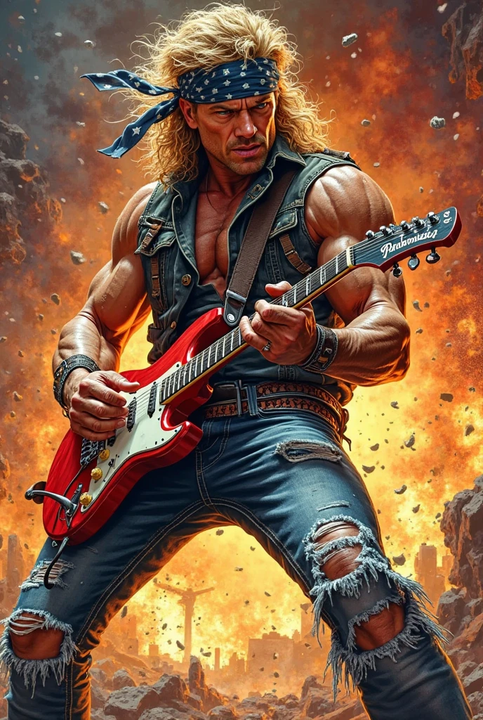 Super shock playing guitar. digitl art, 8k, surreal, swirly vibrant colors, explosion behind, in war.