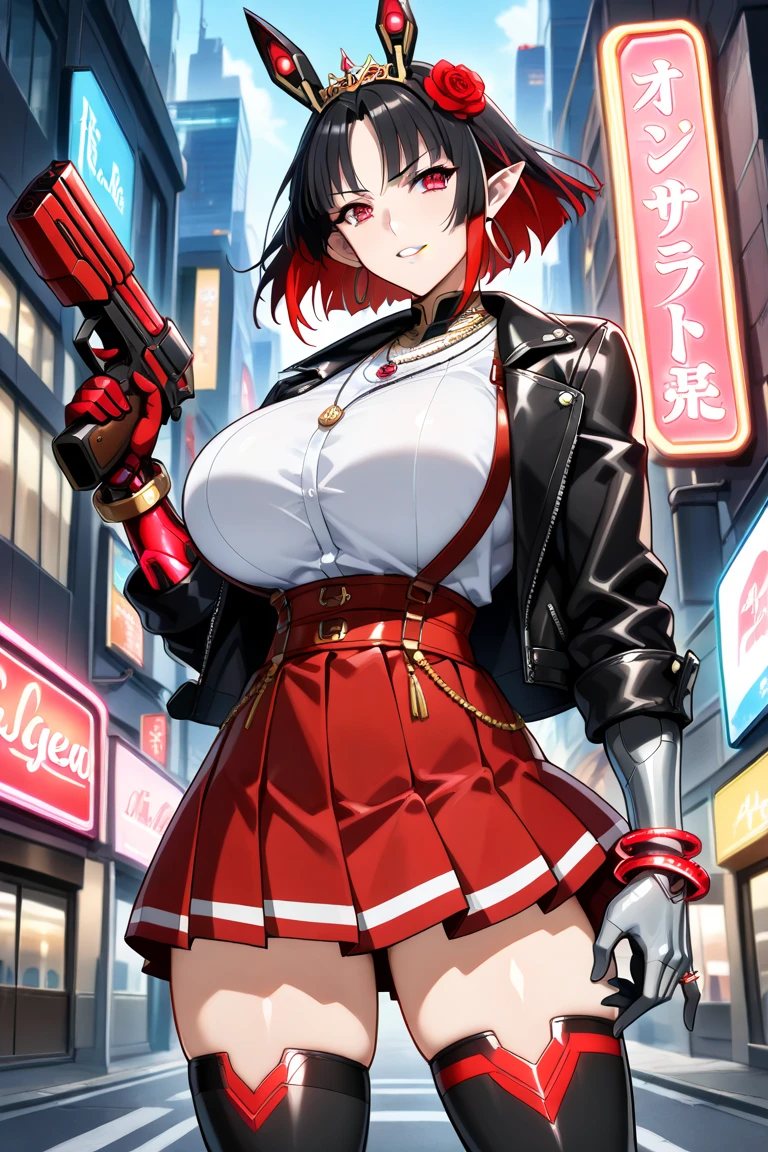 aamika, ponytail, wrist scrunchie, smile, blush, lipstick, outdoors, rooftop, cityscape, building, railing, night, night sky, scenery, moon, city lights, fur trim, mature female, gloves, fur-trimmed coat, masterpiece, best quality, highly detailed, a girls with a gun, evil smile , open mouth, sexy gaze, badass pose , evil smile, smile, (nsfw) not safe for work, guns blazing, anime girl with long hair, beautiful long haired girl, navel, evil expression, exposed belly, exposed navel, exposed midriff, exposed lower belly, long black pants, crop top, cleavage, unbuttoned leather pants ,open fly, low rise black leather pants, leather jacket, holding a gun,navel piercing