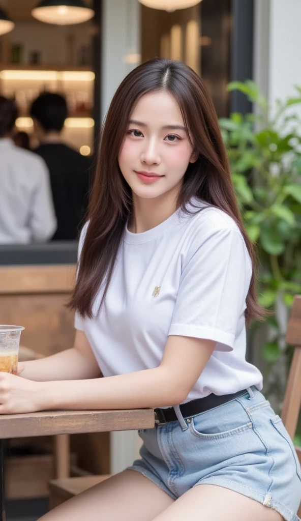 UHD, Extreme close-up of cute Korean female,Chest size 32 inches, ponytail hair, slightly smile, wearing black rolled sleeves t-shirt, in the old restaurant, blurred background