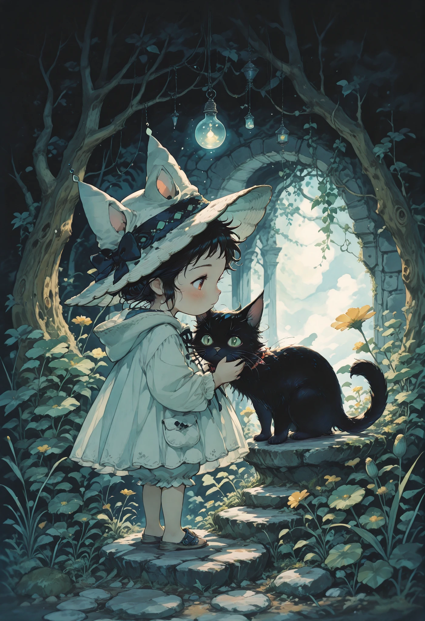 Studio Ghibli Dark Fairytale, Little Traveler in the Cat Mimi Hat、1girl