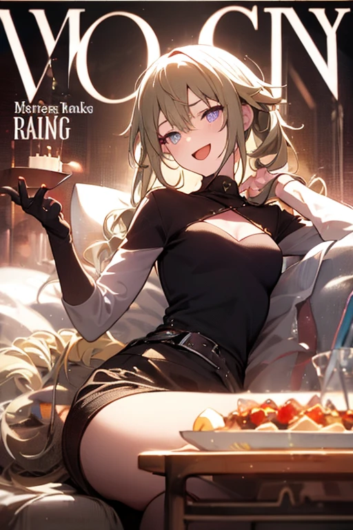 (small breasts:1.2), (perky chest:1.2), (pointed chest:1.2), (Pudding cake magazine cover:1.3),(from above:1.0),(shoot from the side:1.1),masterpiece, 1girl, Amazing Cleavage:1.1, thin waist, optimum,tmasterpiece,hight resolution,best qualtiy,hyper HD,super detailing,awardwinning,a 18yo cute girl,(The upper part of the body),??????? correct,Beautiful Black miniskirt,garters,Gaze,Small face,bangss,holster,Beautuful Women,hands up,leg holster,Gaze,black boots,Cowboy Shot,cute face,a blond,Longhaire,Twin-tailed,Braids, Hairline,(scarlet eyes),long eyelasher,Hanging eye corners,White skin of the, ((see through camisole:1.1)), ((Sheer nipples:1.0)),Rocket Tits,(Slim body),smile,seductive weak smiling,(with sparkling eyes and a contagious smile),little open mouth, Looking at Viewer,