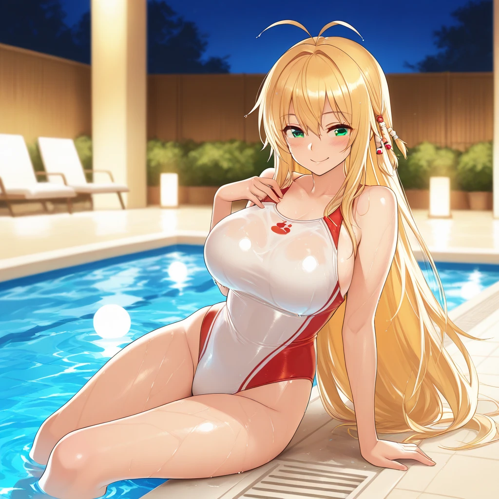 Masterpiece, best quality, highres, highly detailed, 1 girl, long blonde hair, blue eyes, large breast, red bikini, red bra, red panties, she wet, nipple perked out from under bikini, outdoor, sitting by the pool,