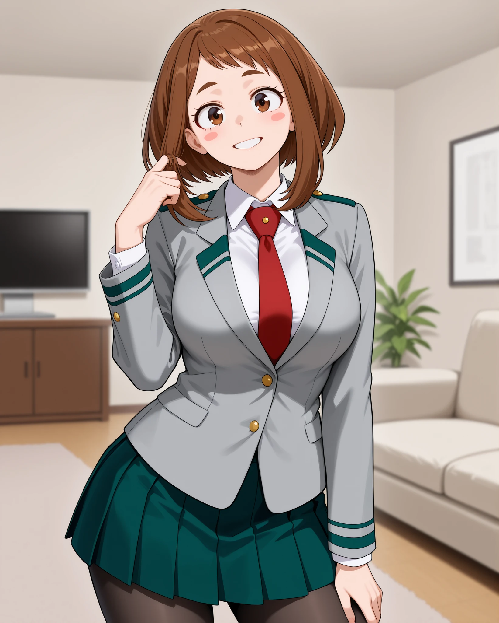 	Ochako Uraraka\my hero academia\, 
brown hair, brown eyes, short hair, blush stickers, 

	Ochako Uraraka\my hero academia\ outfit,
u.a. school uniform, 
grey blazer, long sleeves, blazer, 
white collared shirt, white shirt, collared shirt, red necktie, 
green pleated skirt, skirt, 
pantyhose, black pantyhose, 

living room, sofa, blurry background, 
1 girl, solo, wide shot, 
happy, looking at viewer, 

one finger in hair locks, standing, 
front view, from front, 
eye-level shot, cowboy shot, 

highres, detailxl, opaque clothes, IllusP0s, masterpiece, best quality, newest, source_anime, wide eyes, seductive female, realistic proportions, (mature female,) adult, aged up, slim, 