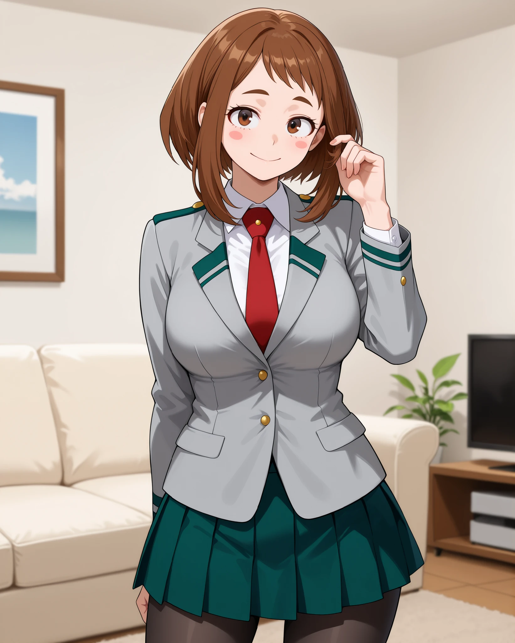 Ochako Uraraka\my hero academia\,
brown hair, brown eyes, short hair, blush stickers,
Ochako Uraraka\my hero academia\ outfit,
u.a. school uniform,
grey blazer, long sleeves, blazer,
white collared shirt, white shirt, collared shirt, red necktie,
green pleated skirt, skirt,
pantyhose, black pantyhose,
living room, sofa, blurry background,
1 girl, solo, wide shot,
happy, looking at viewer,
one finger in hair locks, standing,
front view, from front,
eye-level shot, cowboy shot,
highres, detailxl, opaque clothes, IllusP0s, masterpiece, best quality, newest, source_anime, wide eyes, seductive female, realistic proportions, (mature female,) adult, aged up, slim,