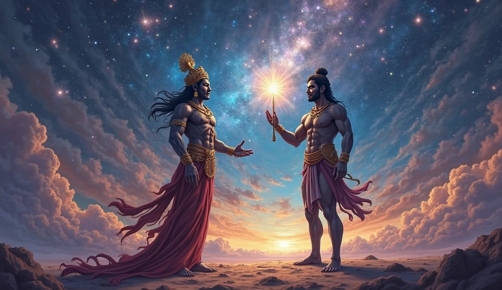 Paleolithic age god and Egyptian god creating a weapon using their cosmic energy no weapon required only smoke both are male
