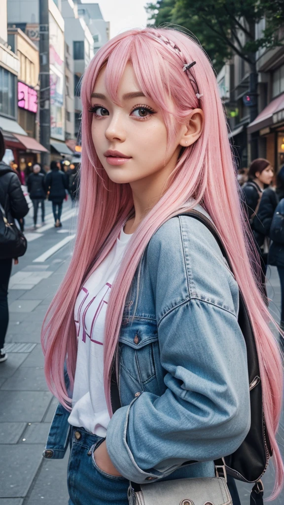 Let it be an anime girl with a ponytail, pink hair, a semi-open black jacket with a short white skirt, a white sneaker with white skin and her phone in her hand.