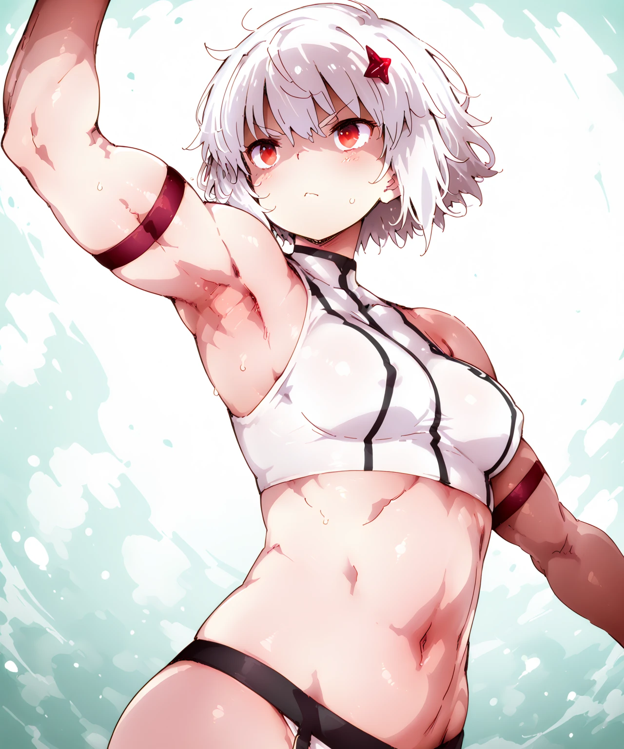 a woman, pale skin, burn scars on left arm, burn scars below left eye, silver hair with pretty bangs, small bust, big hips, silver colored eyes with chains
