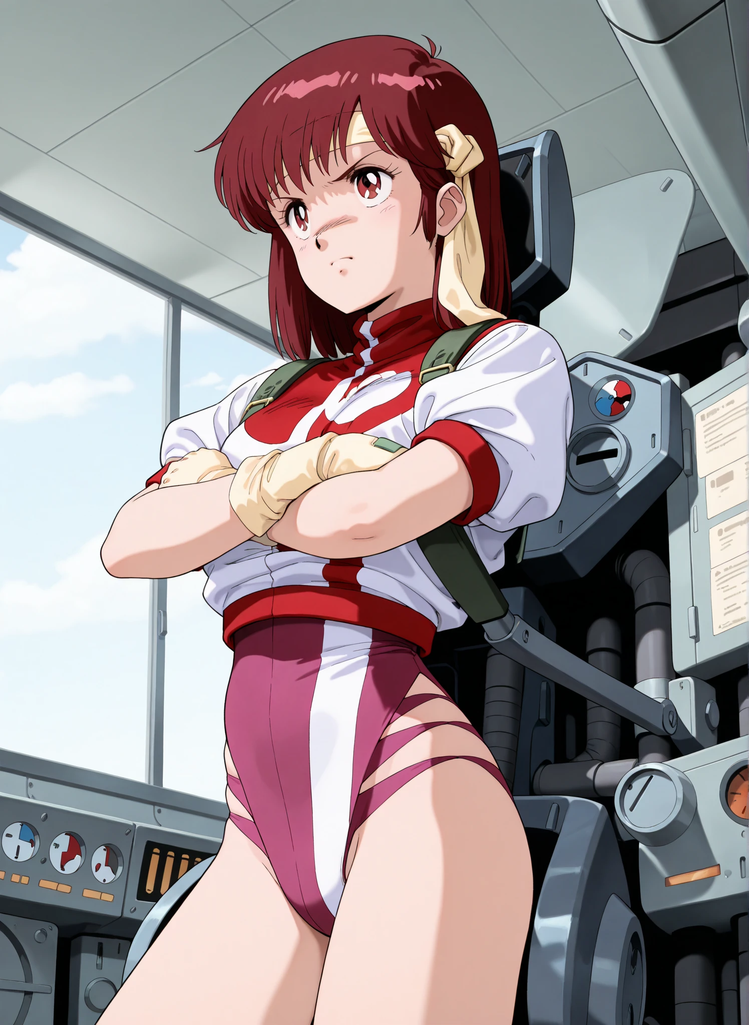 1 Beautiful Girl, Noriko Takaya, Medium Hair, Brown Hair, Brown eyes, head band, Short sleeve, A leotard worn under clothing, Wristband,　noriko takaya, Orange short-haired, (Pilot Suit:1.4), (Ultra-thin fabric leotard:1.7), (blush), masterpiece, highest quality, High resolution, (40 year old mafia man, penis:1.4), Perfect limbs, (Mating press:1.2), sexual intercourse, ((((penis enters vagina)))), behind, Spread your legs, Beautiful vagina depiction, ((Binding, Rotate your arms behind your back:1.4)), ((Restrained by rope)), Beautiful girl sexual intercourse with a man