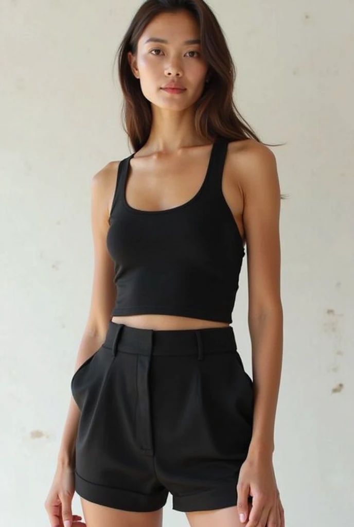 uma mulher linda (rosto Dainty Wildner) em um top preto e shorts prateados, usando uma regata preta cropped, topo de corte, usando uma regata cropped preta, usando um top cropped sexy, Topo de colheita, usando um top cropped, tanque preto apertado, usando topo de corte, Titular Top, usando um top cropped, topo de cabresto preto, usando roupas simples e apertadas, fotografiarrealista, fotografia, obra-prima, realista, Realismo, renderizado, Alto contraste, Arte Digital, fotográficorealista, trend in Artstation 8k HD, high definiton, circunstanciado, Realistic, detalhada, textura da pele, hiperdetalhada, Textura realista da pele, melhor qualidade, ultra high-resolution, (fotografiarrealista: 1.4), alta resolução, detalhada, fotografia crua, Crisp resolution, nikon d850 filme, fotografia de stock 4, Kodak Portra 400 Camera F1 Lens.6, textura hiper realista, lighting dramatic, Unrealistic trend in Artstation Cinestill 800, RAW. Directed by: Lee Jeffries.