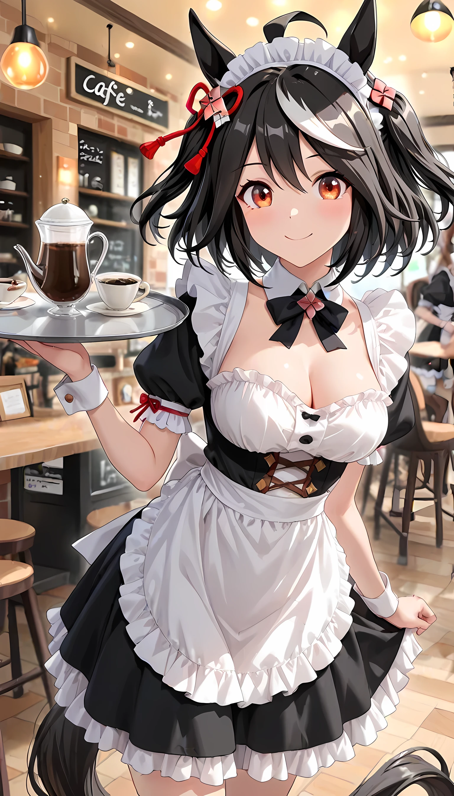 ((Highest Quality, masterpiece, high resolution)), kitasan black with bokeh\(umamusume\), Maid, ((Maid服)), Maid喫茶, cafe, (Horse Tail), Smile, Smile Yan, is standing, cleavage, Holding a tray
