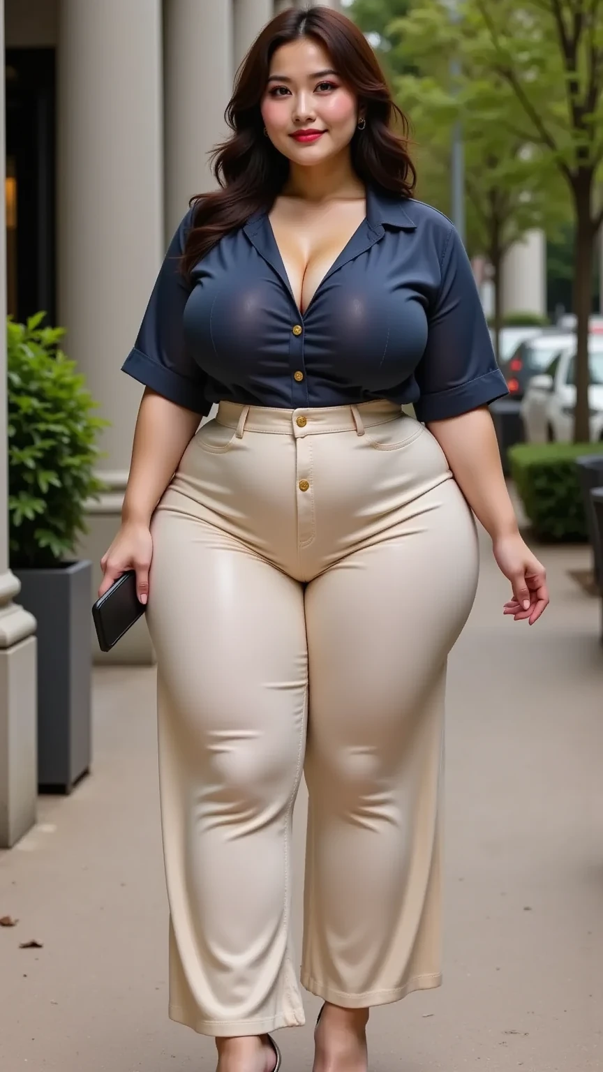 sexy elegant woman with big breasts wearing a pink dress shirt white jeans black sneakers 