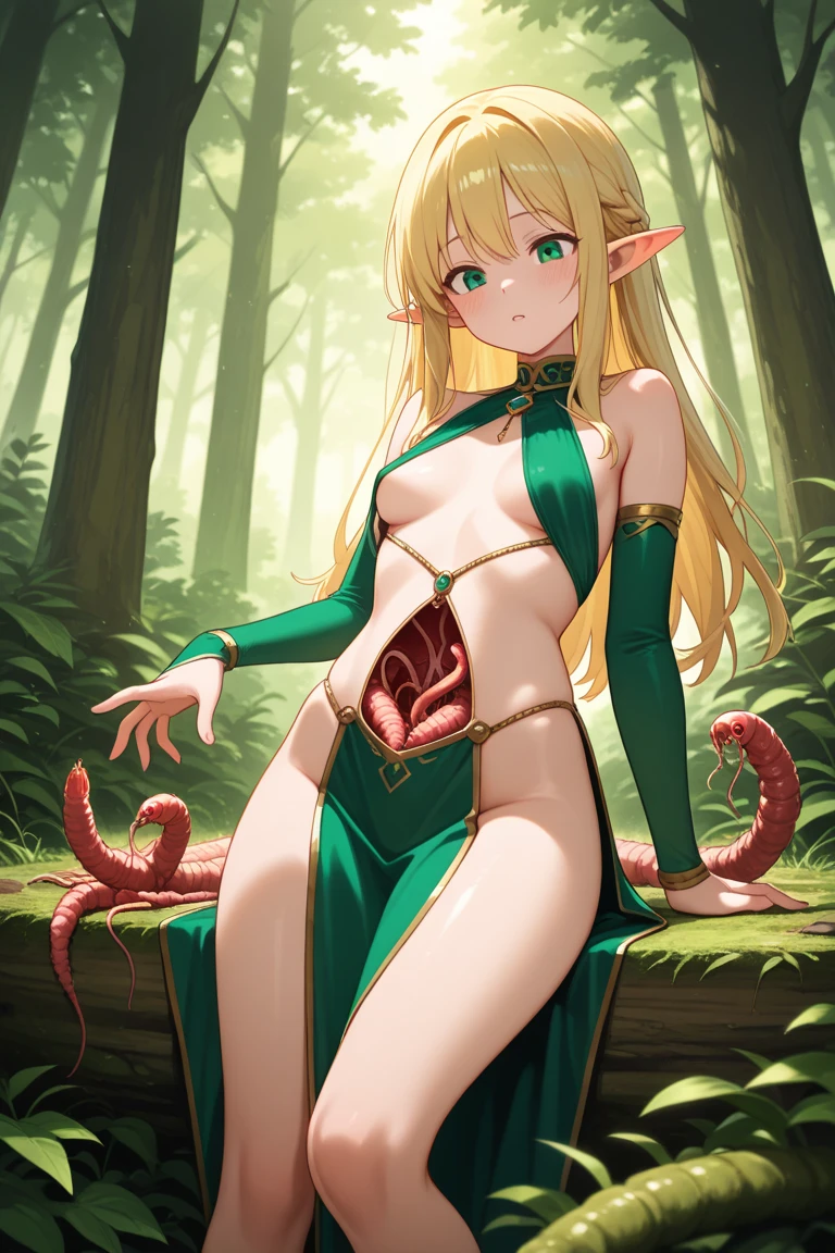 (depict girl surrounded by vines, long blond hair, straight hair), forest, small breasts, shy, (((bondage))), (((natural gag vines))), (bound with natural vines), (arms behind back), plants vines around chest), (Masterpiece, Excellent, complex details), delicate girl, delicate face
