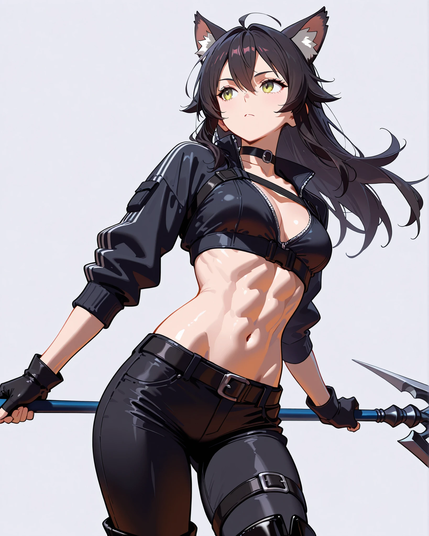 woman, pretty face, black hair, ponytail, black eyes, athletic body, ninja blue clothes, holding two daggers,serious, brown skintone, small breast, light armor, ninja mask, tanned skin, large thighs