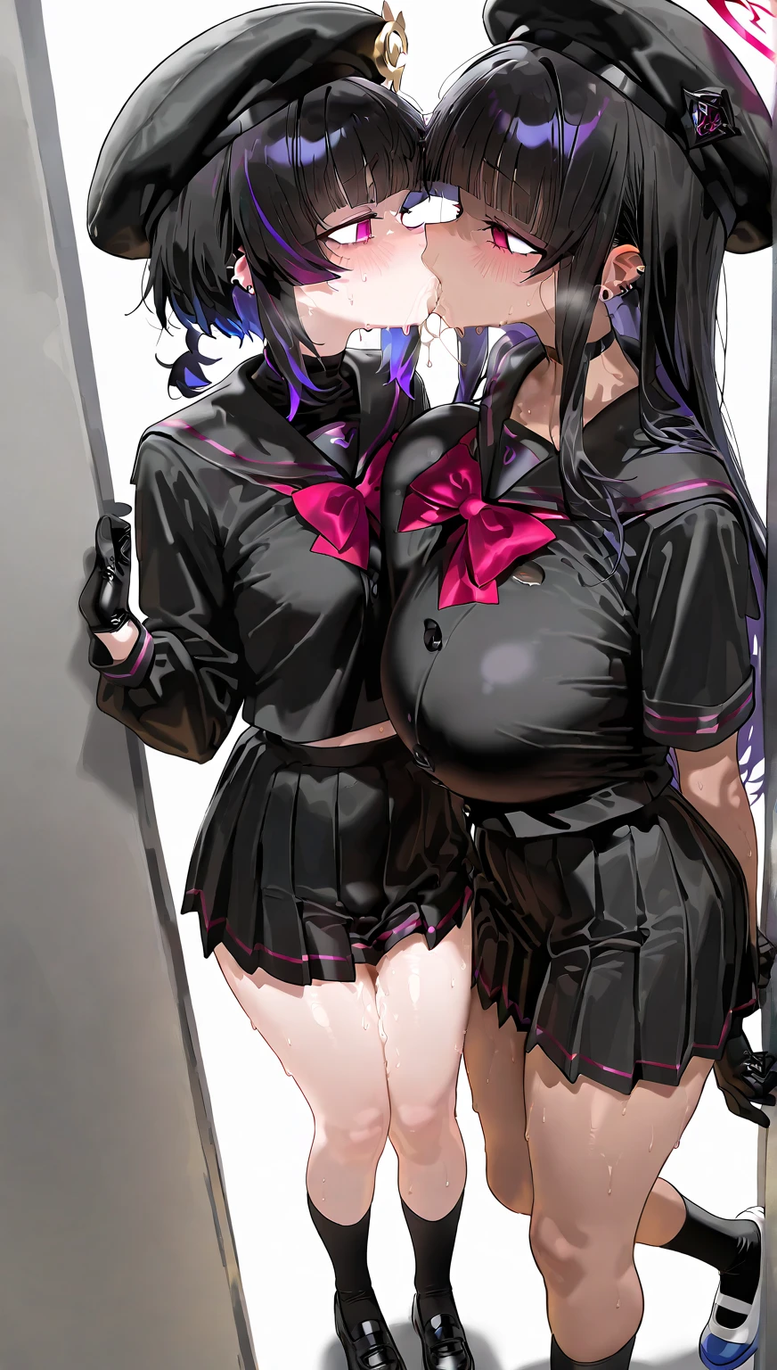 (absurd, 8K, 4K, masterpiece, hyper extreme detailed:1.2), alone, front view portrait, best quality, portrait, alone, adult, cowboy shot, complete anatomy, 1 woman, perfect face, expressive eyes, perfect eyes, latex , standing up, standing against wall, standing, Kyoko Kirigiri, (give:1.1), hair behind the ear, long hair, (side give:1.1), light purple hair, hair ribbon, ribbon, (purple eyes:1.1), graphic t-shirt, casual wear, glasses reply, dynamic pose, look forward, looking at viewer, stoic, indifferent, boundary, Restraint, (arms back:1.4), , BD, tape measure gag, tape measure, tape measure Restraint, enlargement, suppressed, The best anatomy, reply, tape measured thighs, tape measured legs, Legs together, tape measure wrapped, rap gag, tightly boundary, tape measure wrapped around face, standing, aakyoko, long hair, purple hair, side give, blunt bangs, hair ribbon, black ribbon, Danganronpa \(series\), annoyed, (((I see pussy))), (((Nipples are exposed and clearly visible))), ((latex 미니스커트)),