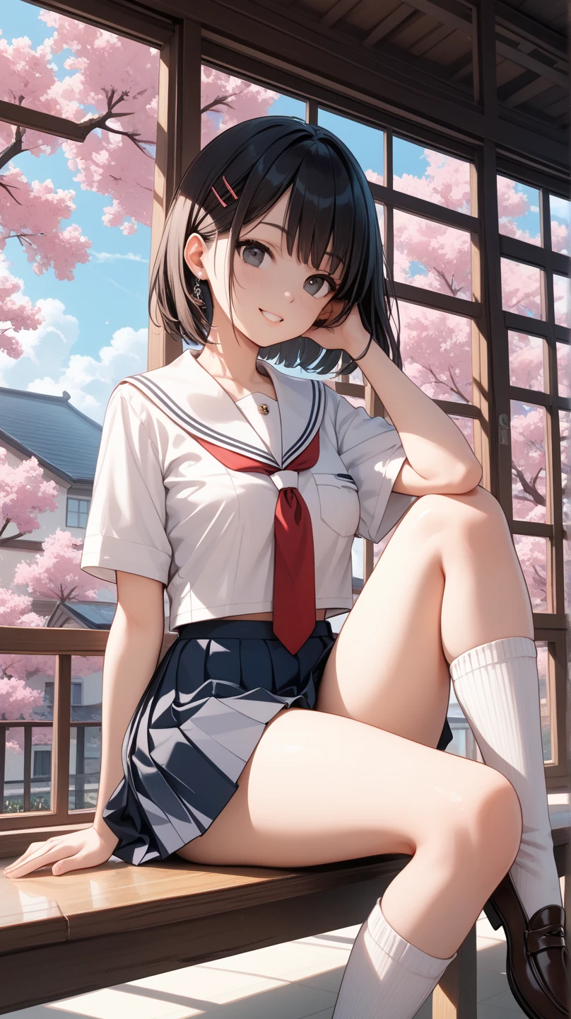 Hires, 1girl, 18yo, (adult body), (adult body ratio), cute school girl, Japanese uniform, (standing), (wind blowing skirt), wearing Japanese, surreal high school girl, looking down, looking at the viewer, shot from below, (cameltoe), (white underwear), (blushed face), (detailed skin)