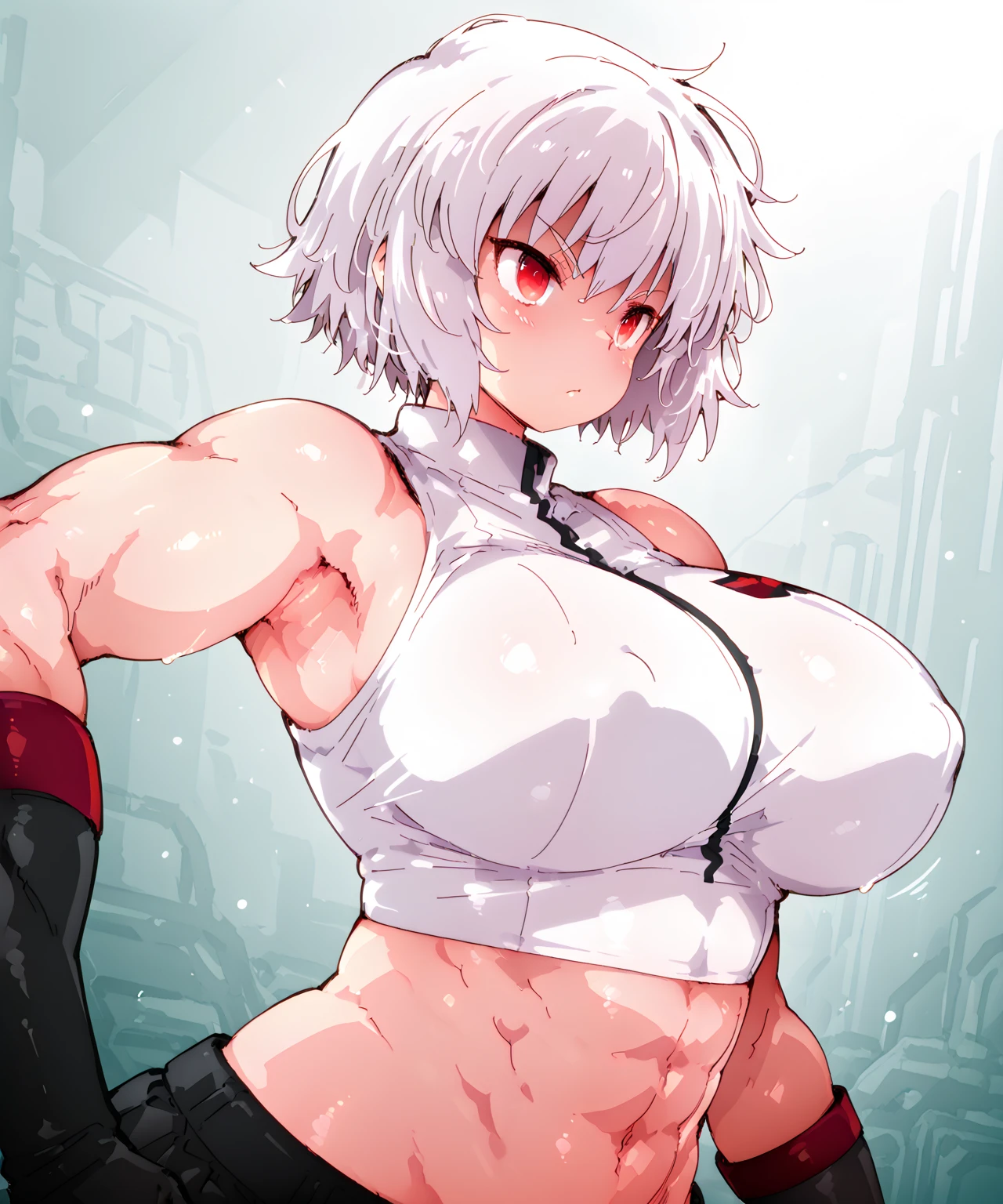 1girl, solo, short hair, blue eyes, white hair, ((((muscular)))), abs, (huge breasts), (thick thighs), (angry), looking at viewer, ((pale skin)), (cleavage), from below, (curvy)