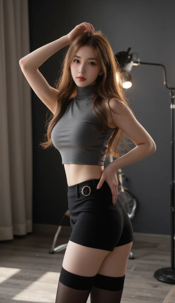 ((best quality)), ((artwork)), (detailed), 1 woman, off-the-shoulder sweater, wearing a very short black mini skirt, no panties, an equally short black top, redhead, long hair.