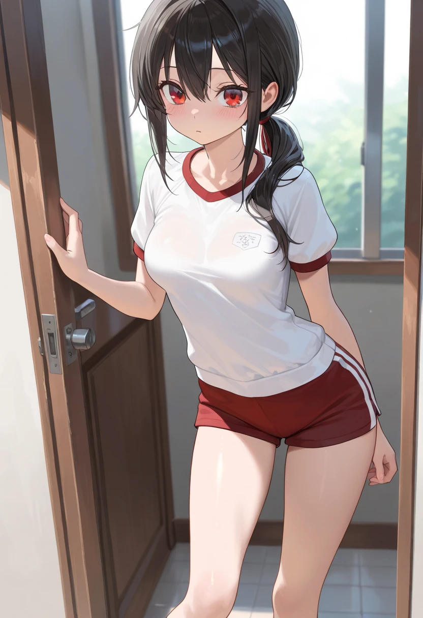 ((masterpiece)), ((Best Quality)), (Ultra-detailed), ((kawaii)), Cute, (lovely), ((Sexy)), (Ero), ((Extremely detailed)), 4K, (8K), Best Quality, (Beautiful), Illustration, Anime style, Painting, Dynamic Angle, Cowboy Shot, from wildcard, Drama-style Play Ground, (Poses for erotic photo albums), full body focus, Cute little girl s, 1girl in, Solo, gym uniform(jp), black hair, Beautiful random colored eyes, ((Beautiful eyes)), White-skinned, Random hairstyle, Buttocks, (Colossal tits), (Ashamed), Troubled expression, (red blush:1.5), Sweat, sparkling effect, Lens Flare, shiny-glistening, gleaming