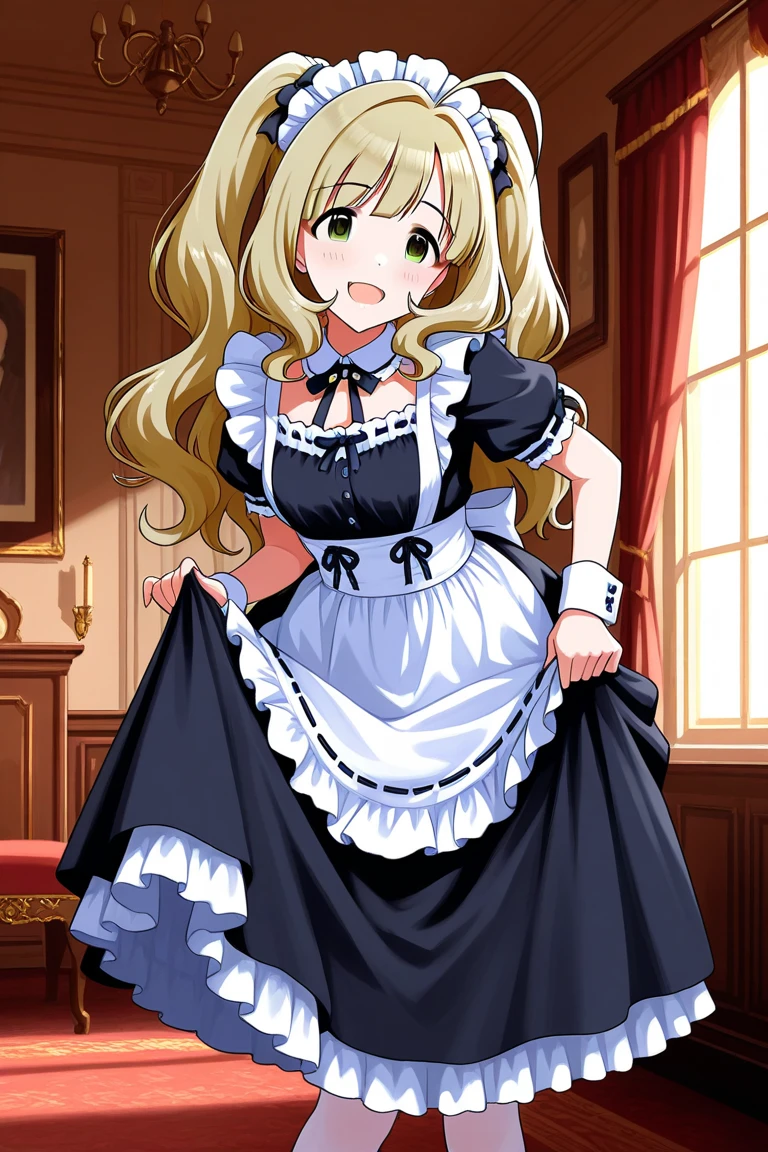 anime girl in Maid clothes sitting on floor with broken glass, , Maid clothesを着たアニメの女の子, Gorgeous maid, Maid clothesを着たアニメの猫娘, Maid clothes, , Maid clothes, My Dress Up Darling Anime, Splash art anime , Cute anime waifu in a nice dress, Anime maid riding an early tank,Blonde hair, forehead bangs, braided short hair, blue eyes, small breasts, angled above waist, 
