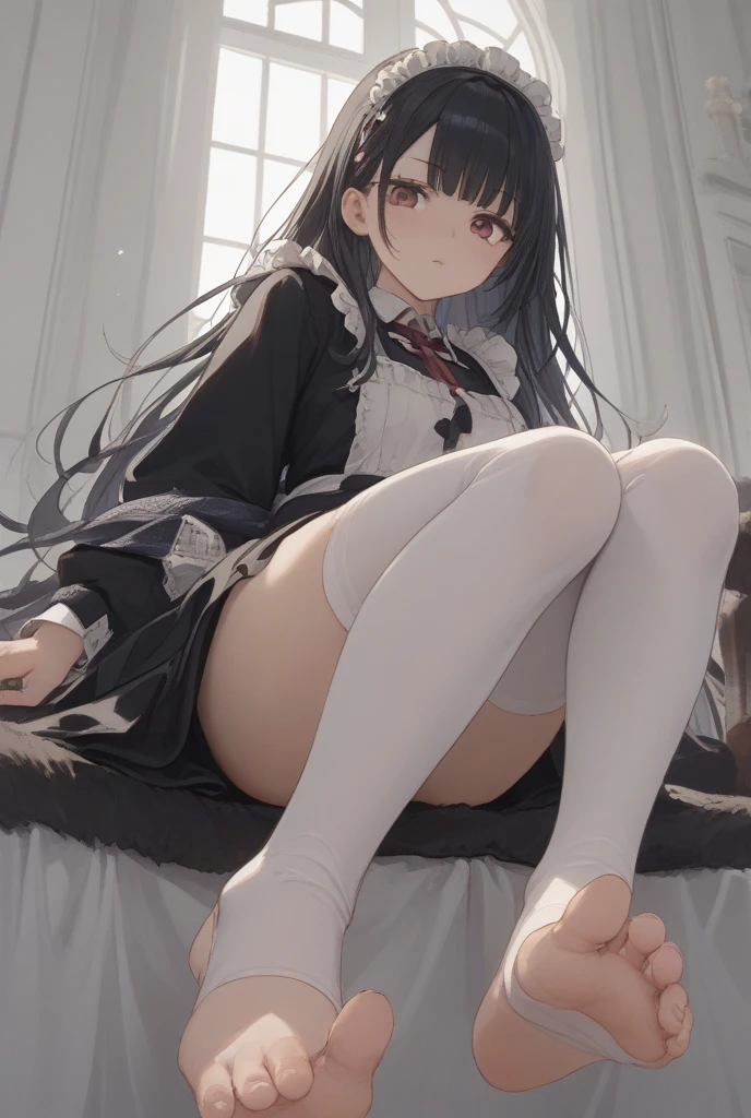 (best quality,high resolution,Beautiful detailed eyes,White lighting:1.2),red eyes, looking at viewer, long hair, black hair, long boots, black footwear, blush, sitting, long sleeves, bangs, parted lips, black hair, dress, knees up, brown hair, white skirt, frills, skirt,thighs, sidelocks, very sexy, uncensored, nsfw
