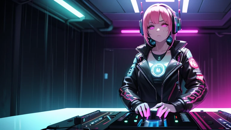 The woman playing dj in the club, neon light