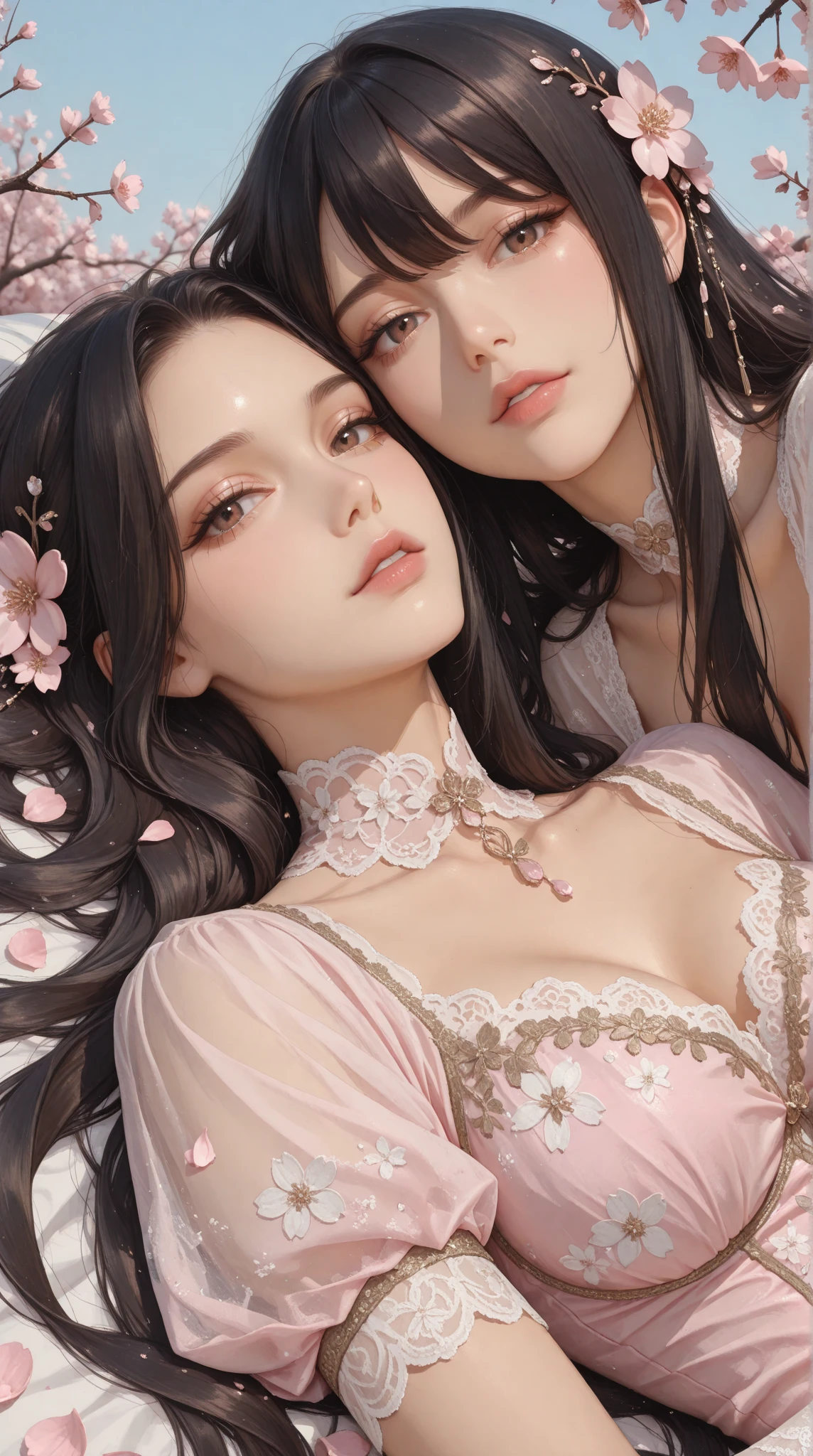 (masterpiece:1.3, Highest quality, Ultra-high resolution, Super detailed), (Realistic, photoRealistic:1.4), Perfect lighting, colorful, Depth of written boundary, Browsing Caution, Surrealism,((Spread legs:1.3)),Beautiful detailed hair, Beautifully detailed face, Beautiful fine details, Beautiful clavicle, Beautiful body, thin脚,Beautiful breasts, Beautiful feet, Beautiful Hands, Cleavage, thin, 1 girl, Perfect Face, Perfect Anatomy, Supermodel with a long neck,((Skinny1.3)),looking at the camera,(Perfect Anatomy, Highly detailed skin), Shiny skin,((beautiful girl:1.1)),(( large breasts:1.4)), (Mid-length hair:1.4, Wavy Hair:1.2, Black Hair) ,hair over one eye,Dainty facial structure,( Captivating smile, Lips parted),((wearing(pink)Off-the-shoulder sheer nightie with matching garter belt:1.4)),criss-cross halter,bed room,from above,Generate an image of a girly bedroom in the morning. The room should be bright and airy with sunlight streaming through large windows. The decor should include pastel colors, Such as pink, lavender, and mint green. There should be cute and feminine elements like fluffy pillows, a canopy bed, a vanity table with a mirror, and floral patterns. The room should have a cozy and inviting atmosphere, with some personal touches like framed photos, and a soft rug,((from above))
